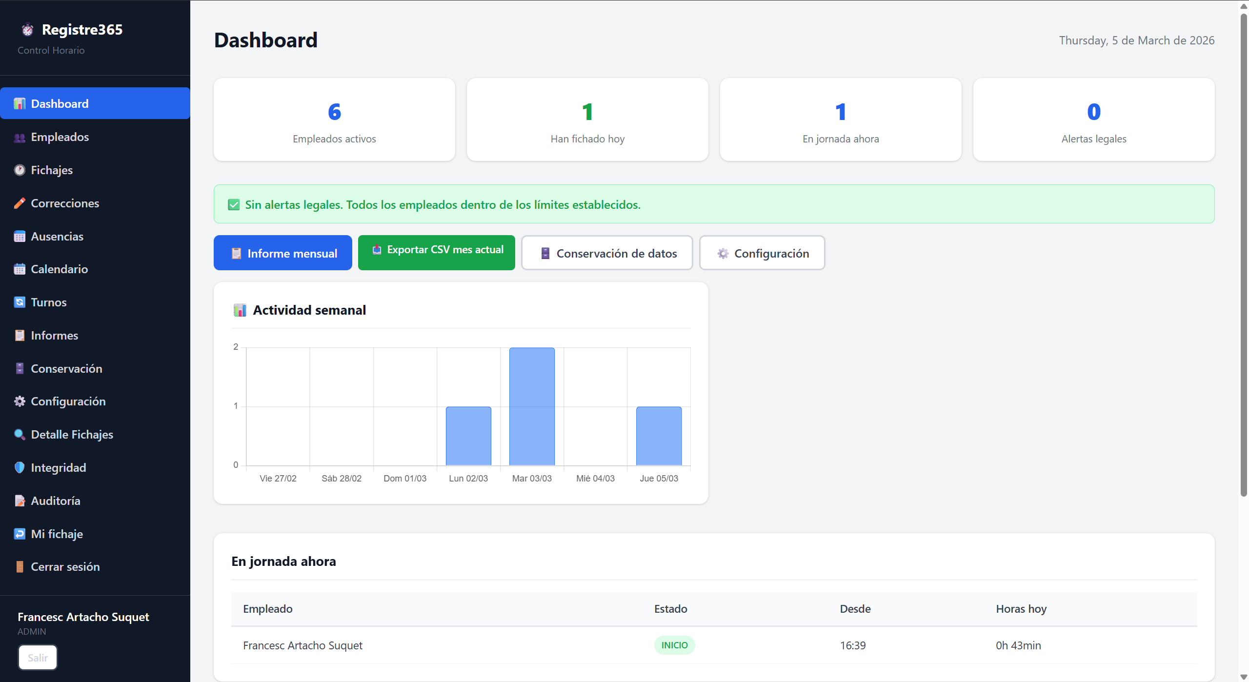 Pantalla del mòdul d'Administrador de Registre365